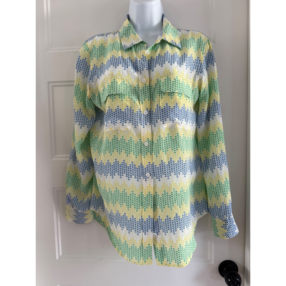 Equipment Femme Silk Button Down Shirt Multi Color Dot Chevron Blouse Size M